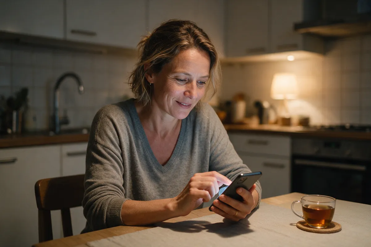 Frau sitzt abends am Küchentisch und tippt eine Frage in ihr Smartphone