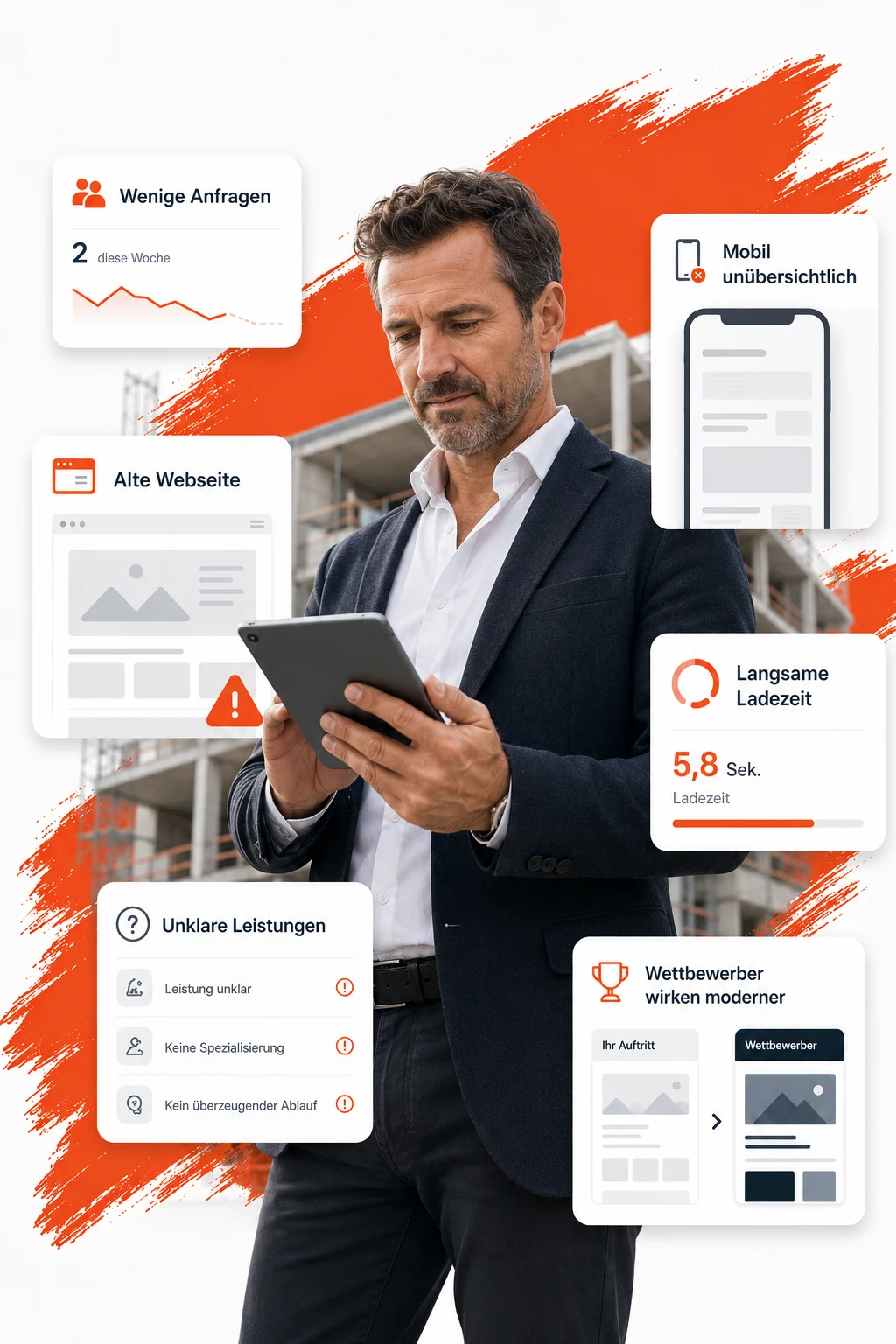 Ein Bauunternehmer der seine alte Website betrachtet  und überlegt welche Änderungen er am Webdesign angehen muss für mehr Anfragen.